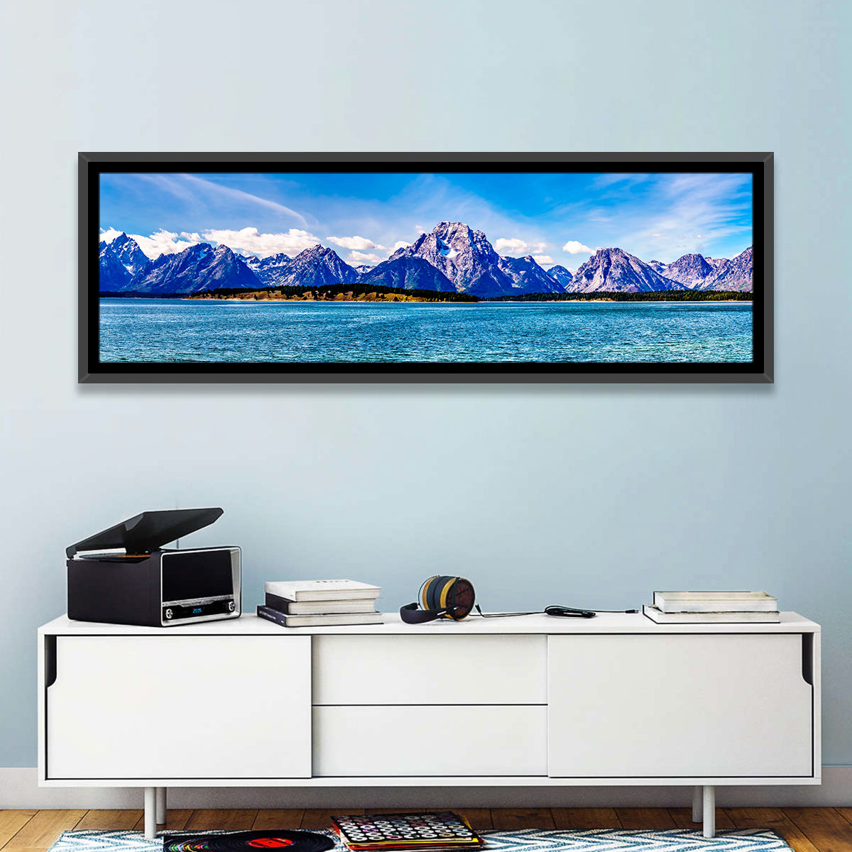 Mount Moran Over Jackson Lake Wall Art in a room, panoramic