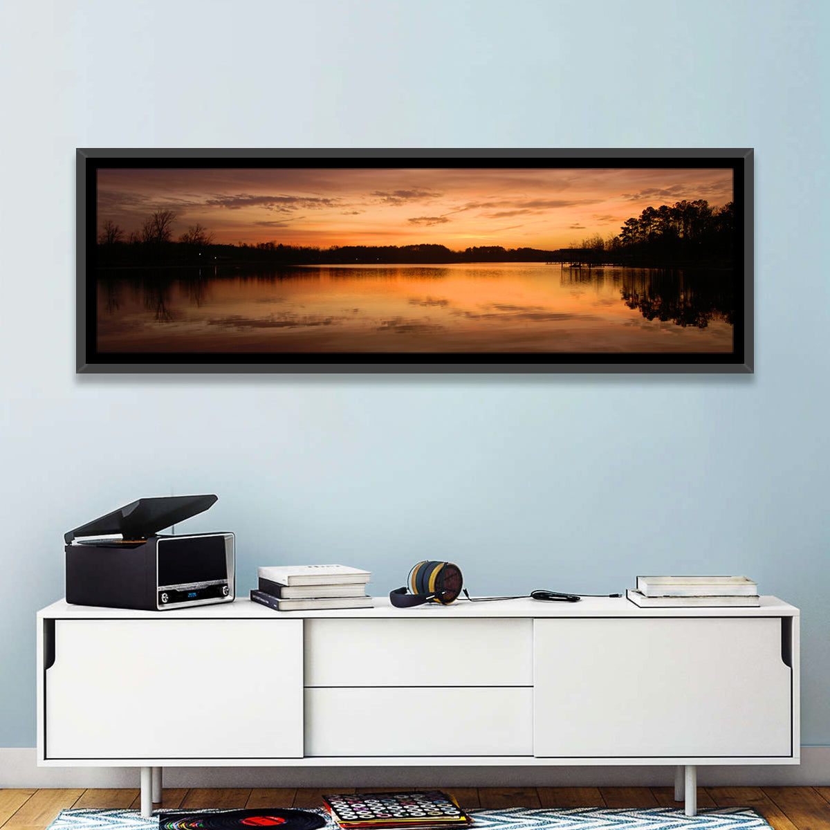 Lake Weiss Sunrise Reflection Wall Art in a room, panoramic
