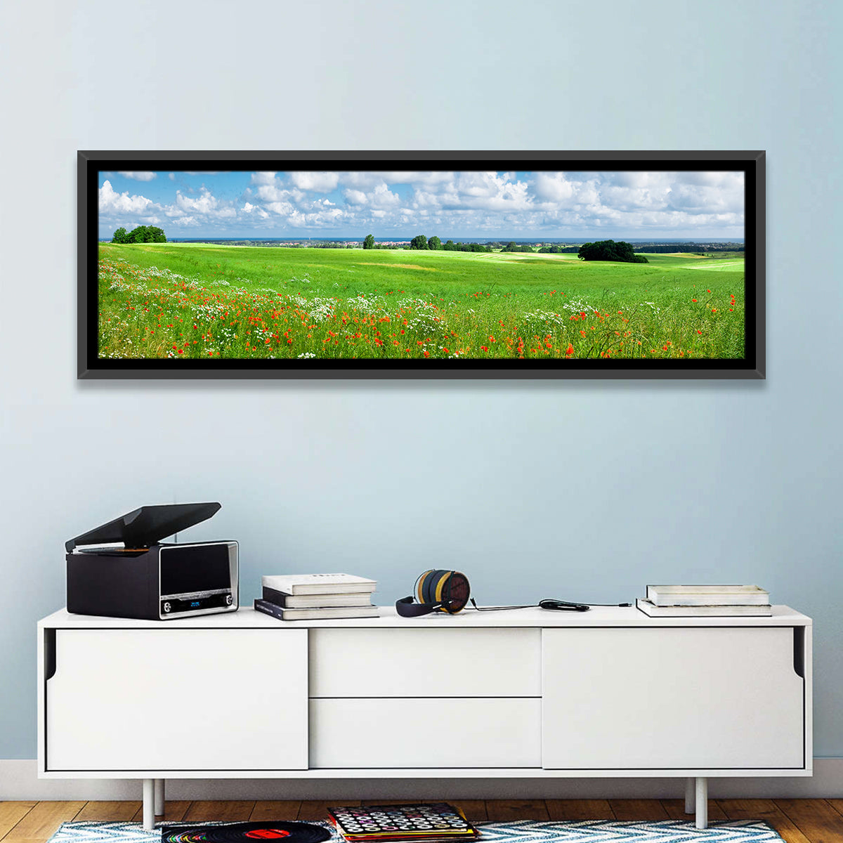 Summer Meadow with Poppies Wall Art in a room, panoramic