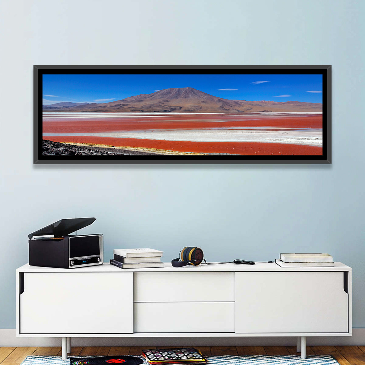 Laguna Colorada Red Lake Wall Art in a room, panoramic