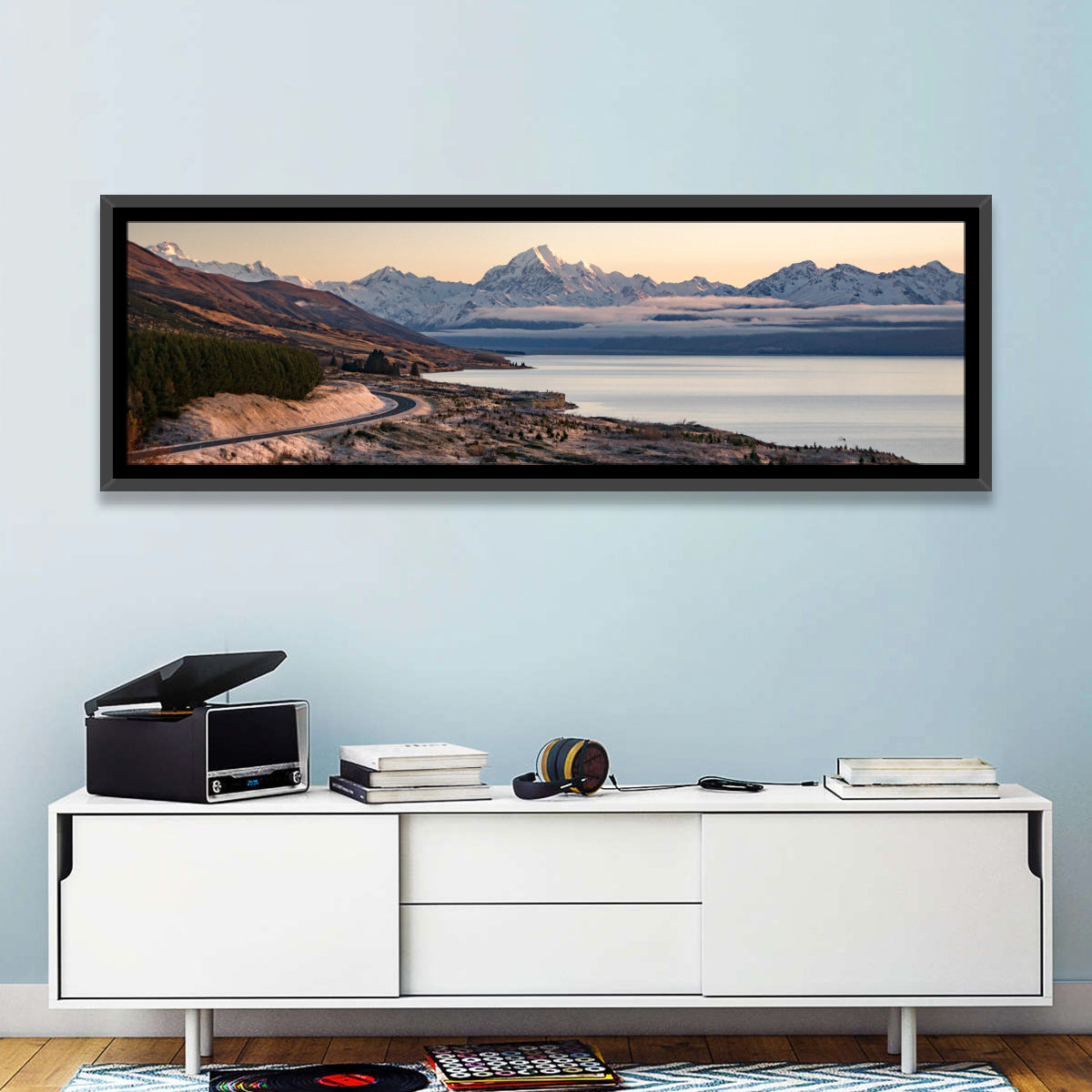 Mount Cook Over Lake Pukaki Wall Art in a room, panoramic