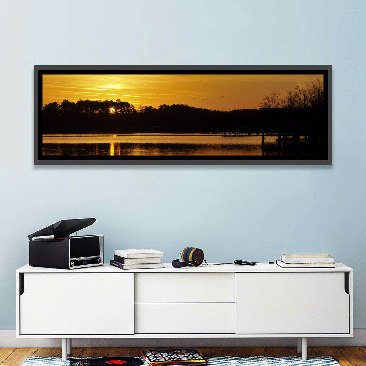 Lake Weiss Sunset Reflection Wall Art in a room, panoramic
