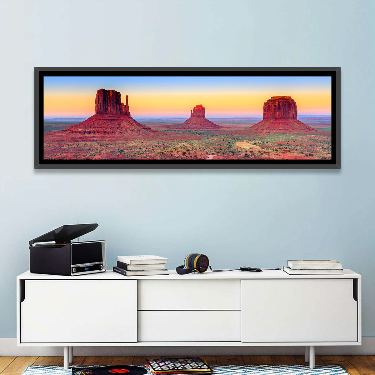 Monument Valley Sunset Vista Wall Art in a room, panoramic