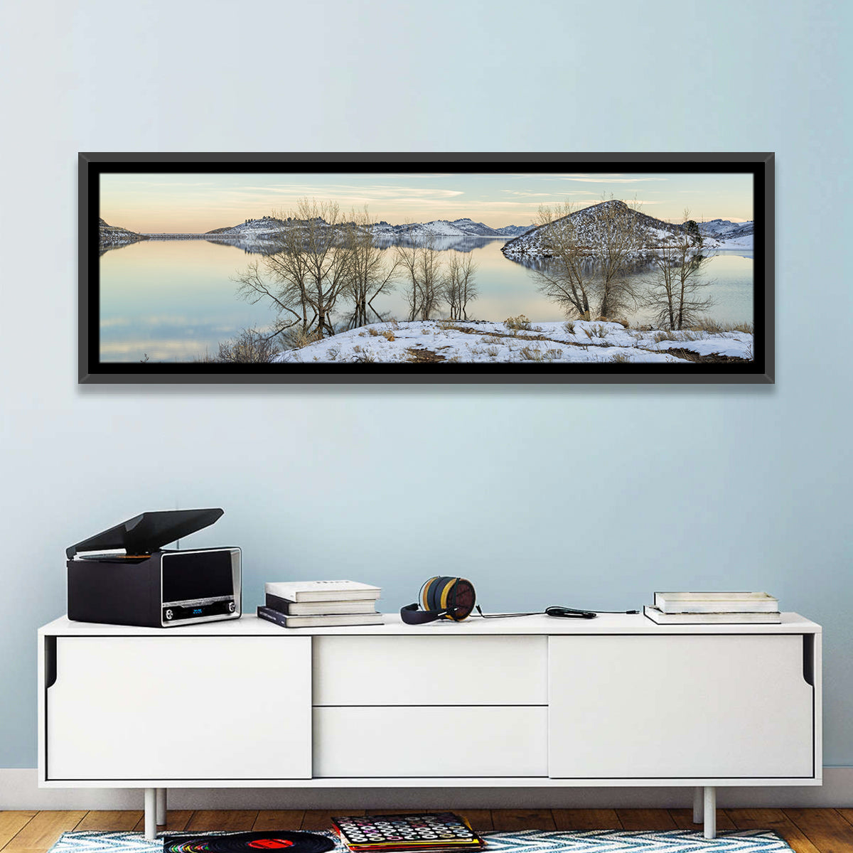 Horsetooth Reservoir Frozen Reflection Wall Art in a room, panoramic