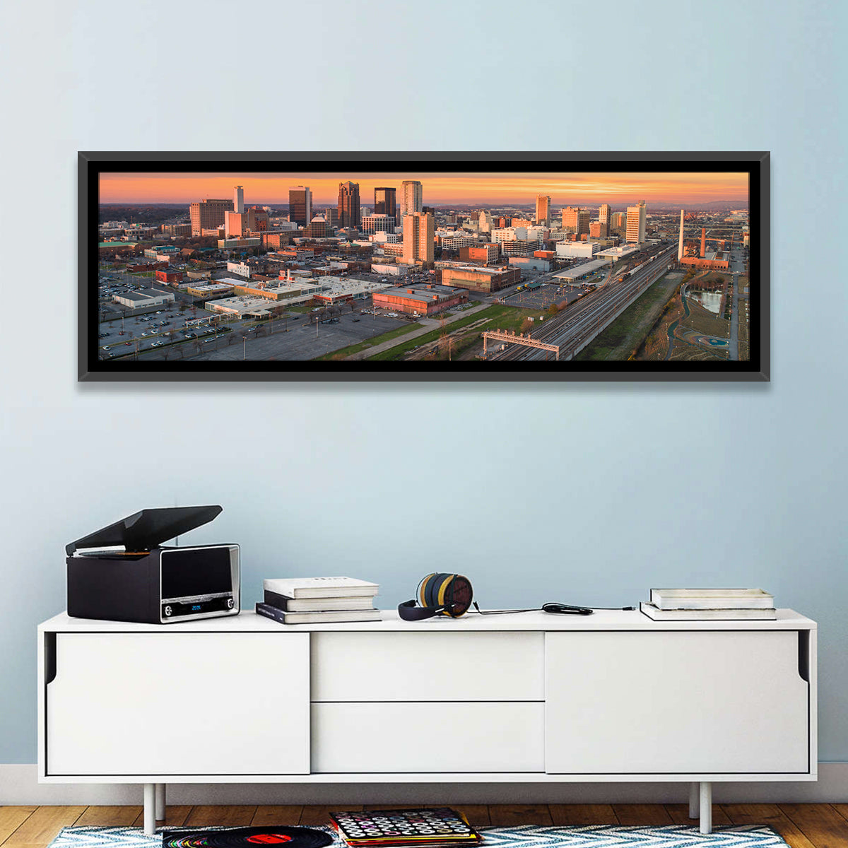 Birmingham Golden Hour Skyline Wall Art in a room, panoramic