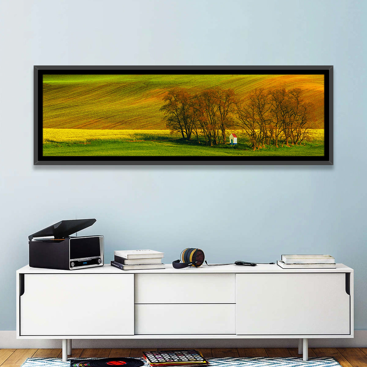 Moravian Wheat Fields with Chapel Wall Art in a room, panoramic