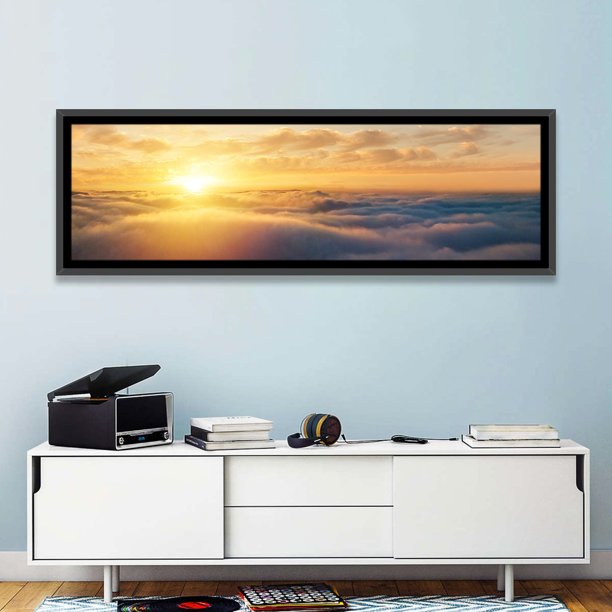 Layered Clouds at Sunset Wall Art in a room, panoramic