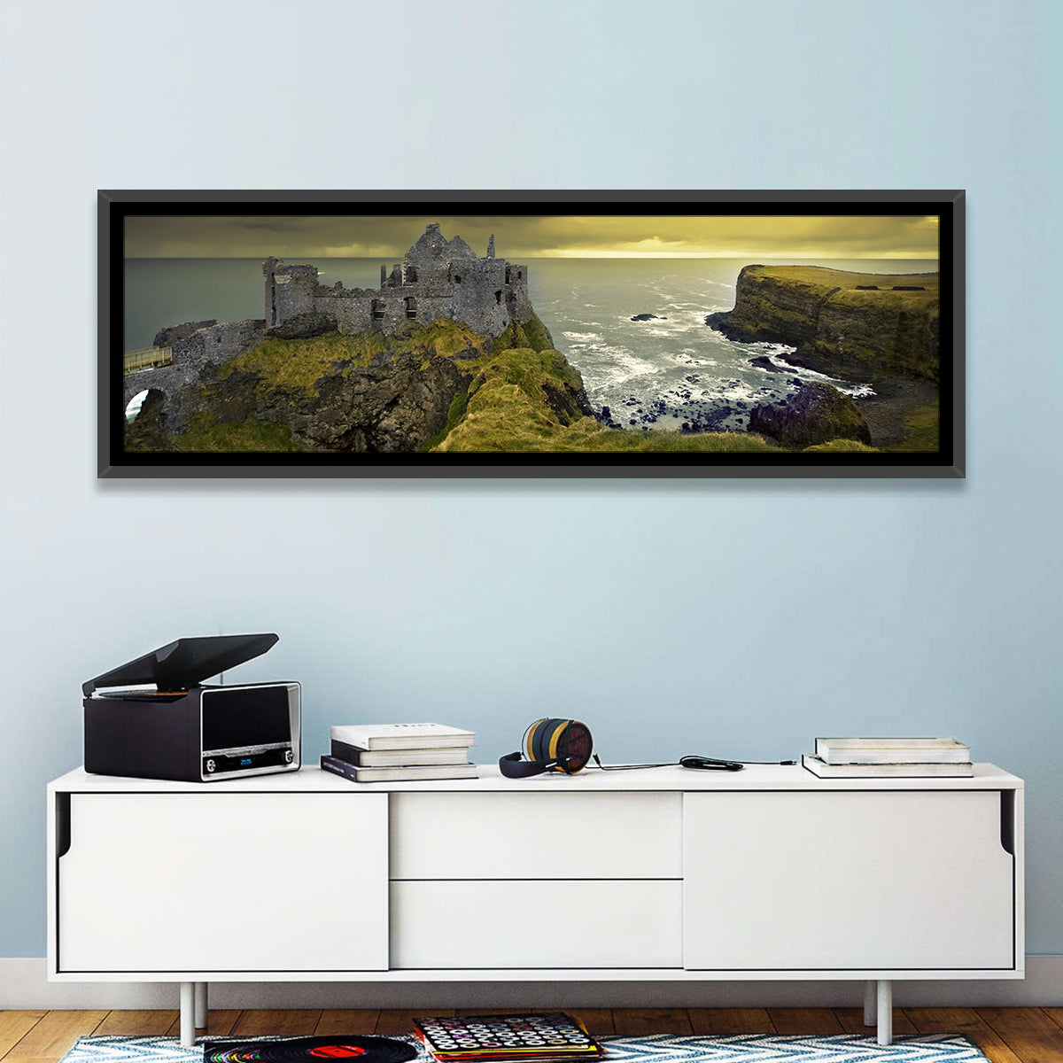 Dunluce Castle Ruins Wall Art in a room, panoramic