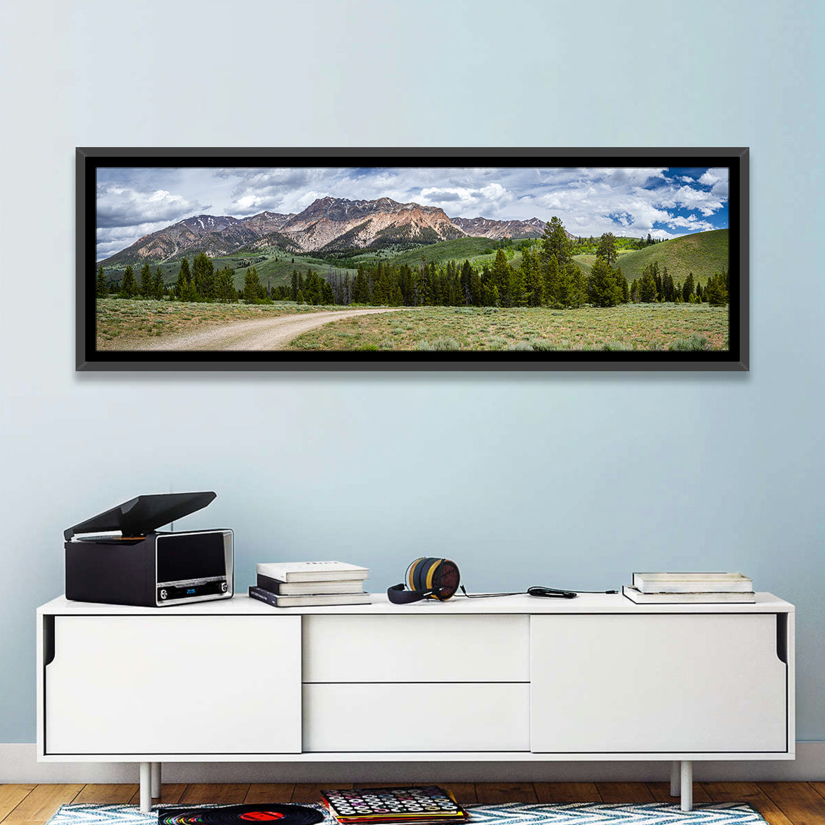 Boulder Peak Idaho View Wall Art in a room, panoramic