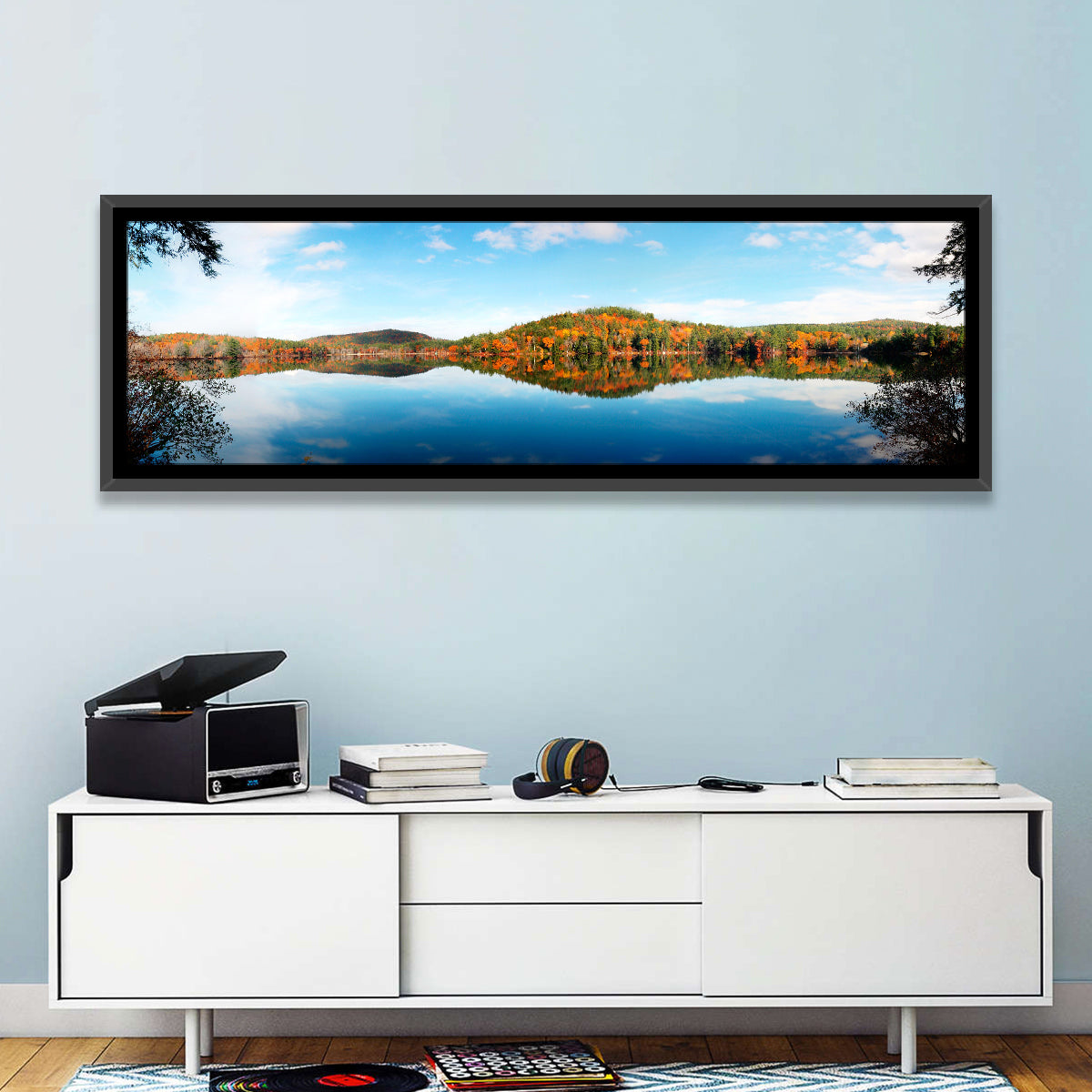 Vermont Lake Reflection Wall Art in a room, panoramic