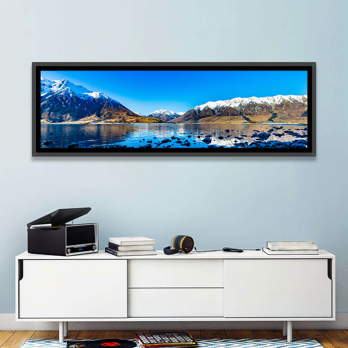 Lake Ohau Mountain Reflection Wall Art in a room, panoramic