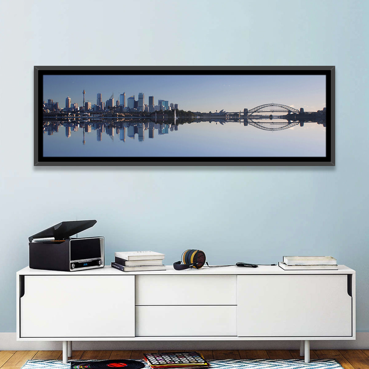 Sydney Harbour Reflection Wall Art in a room, panoramic