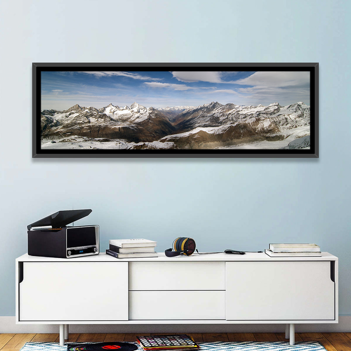 Snow-capped Peaks of Zermatt Wall Art in a room, panoramic