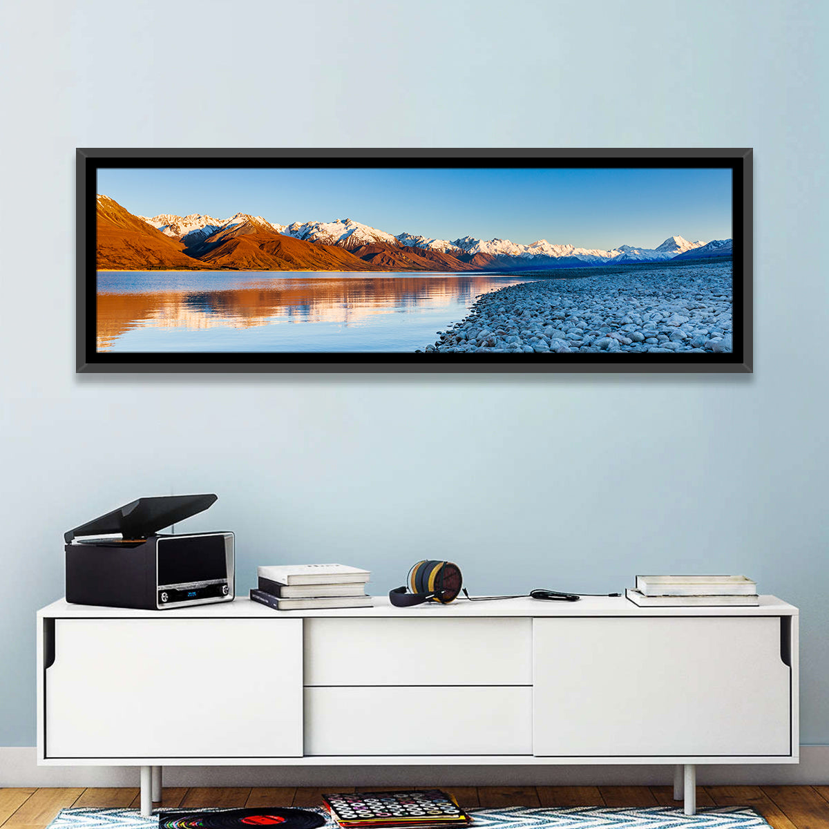 Lake Pukaki Sunset Reflection Wall Art in a room, panoramic