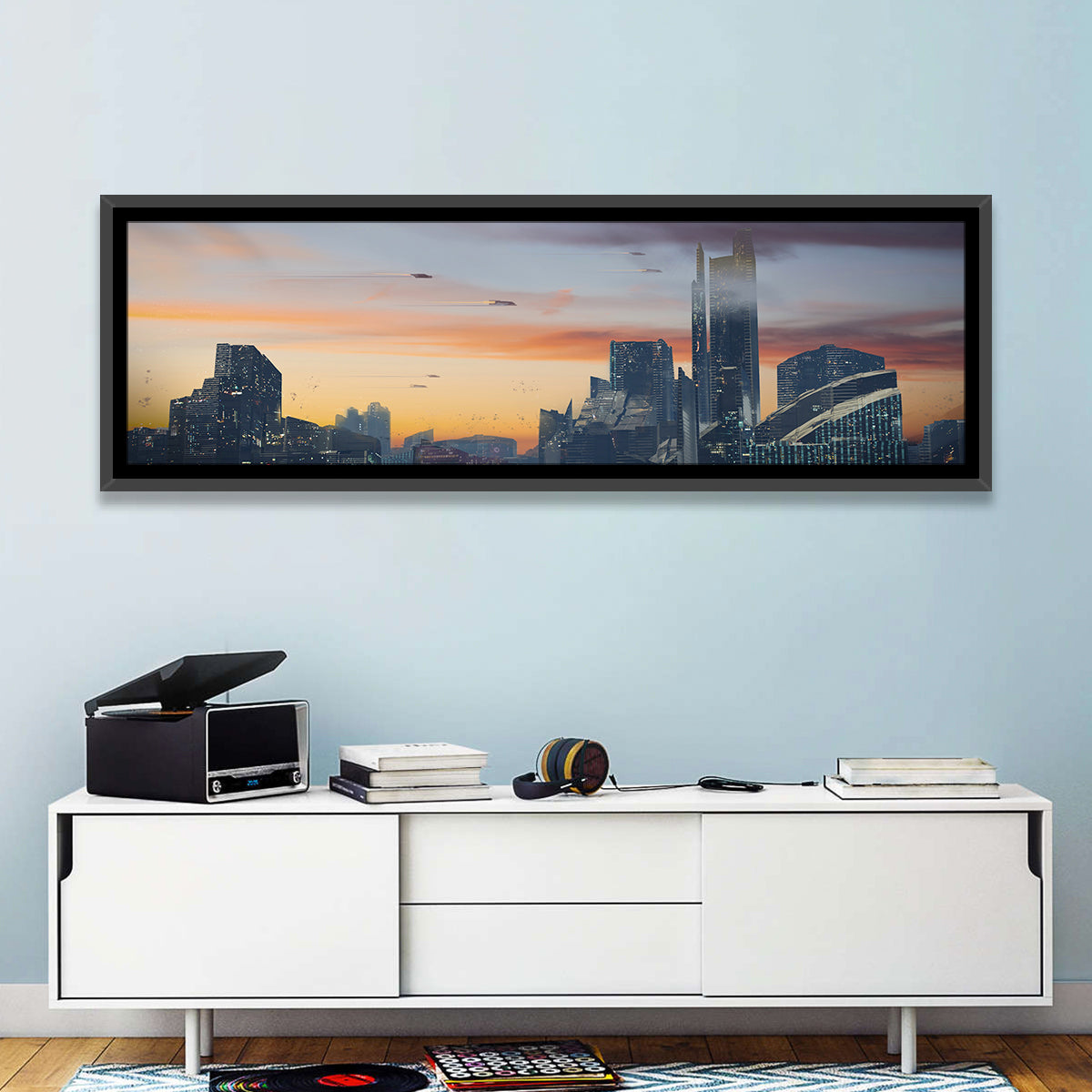 Futuristic City Skyline at Dusk Wall Art in a room, panoramic