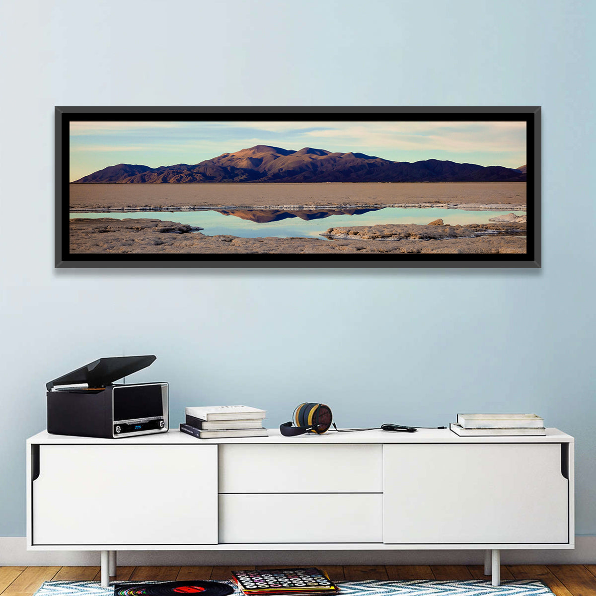 Salinas Grande Salt Flat Reflection Wall Art in a room, panoramic