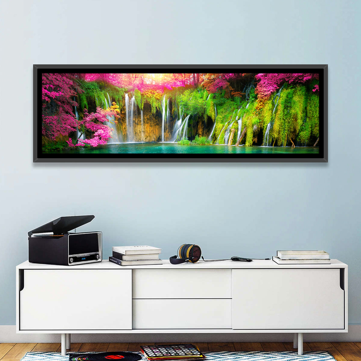 Plitvice Falls in Golden Light Wall Art in a room, panoramic