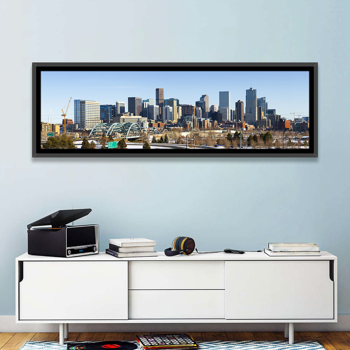 Denver Skyline with Speer Boulevard Bridge Wall Art in a room, panoramic