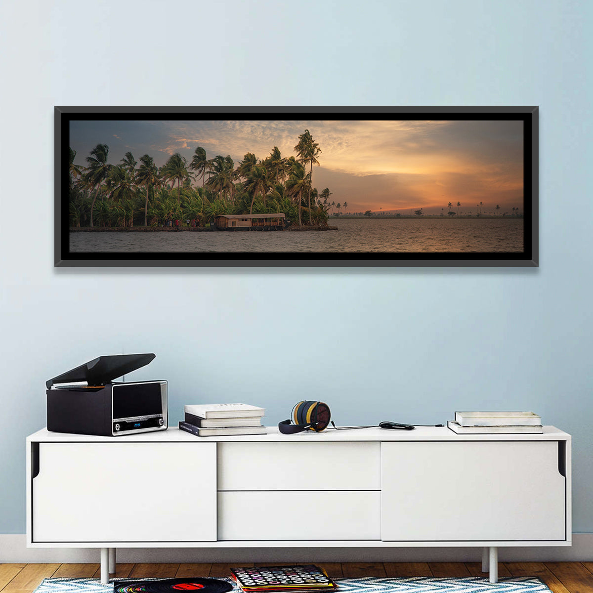 Vembanad Lake Sunset Wall Art in a room, panoramic