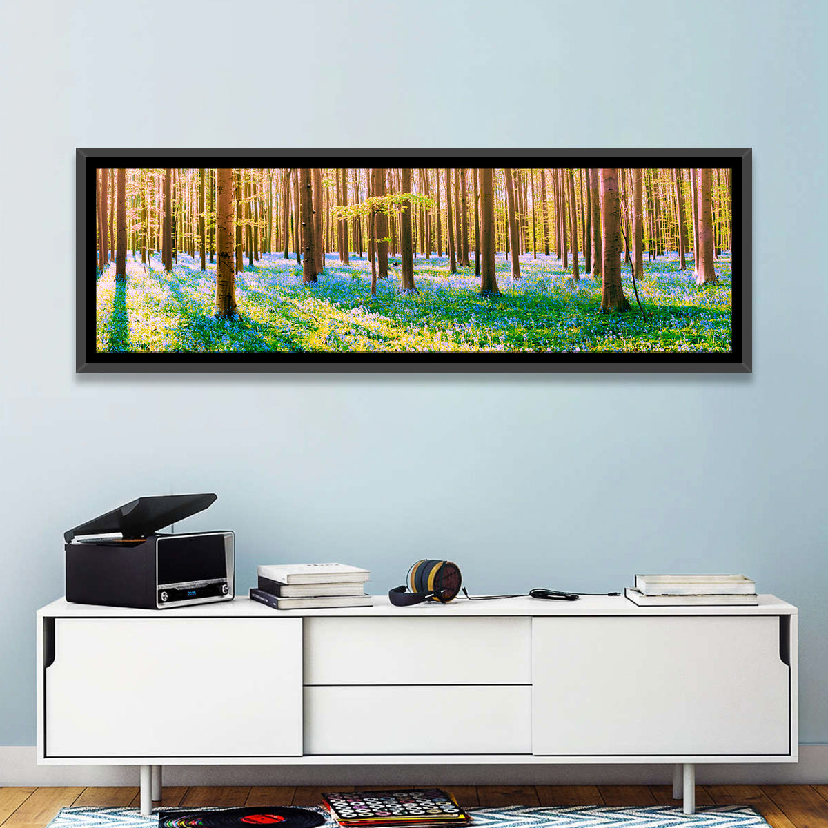Hallerbos Bluebell Forest Wall Art in a room, panoramic