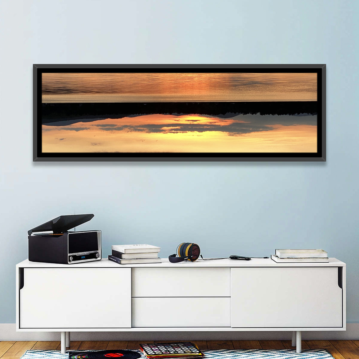 Lake Pleasant Golden Sunset Wall Art in a room, panoramic
