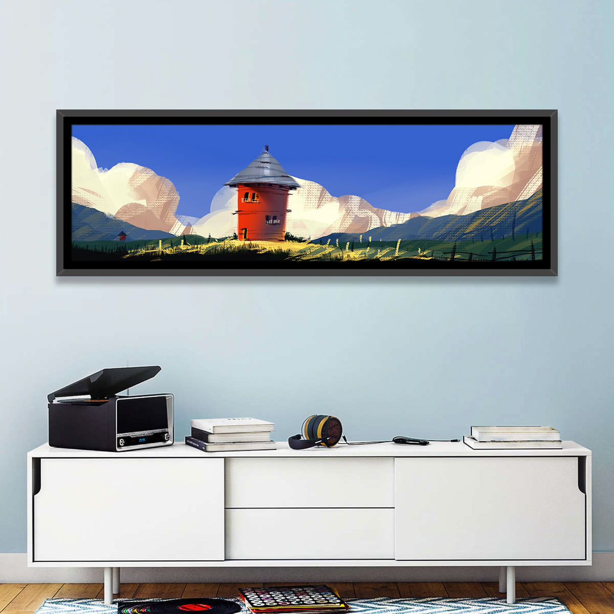 Red Tower in Meadow Wall Art in a room, panoramic