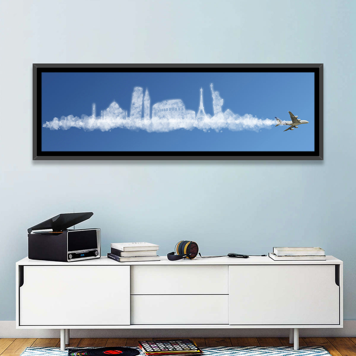 World Tour Cloud Skyline Wall Art in a room, panoramic