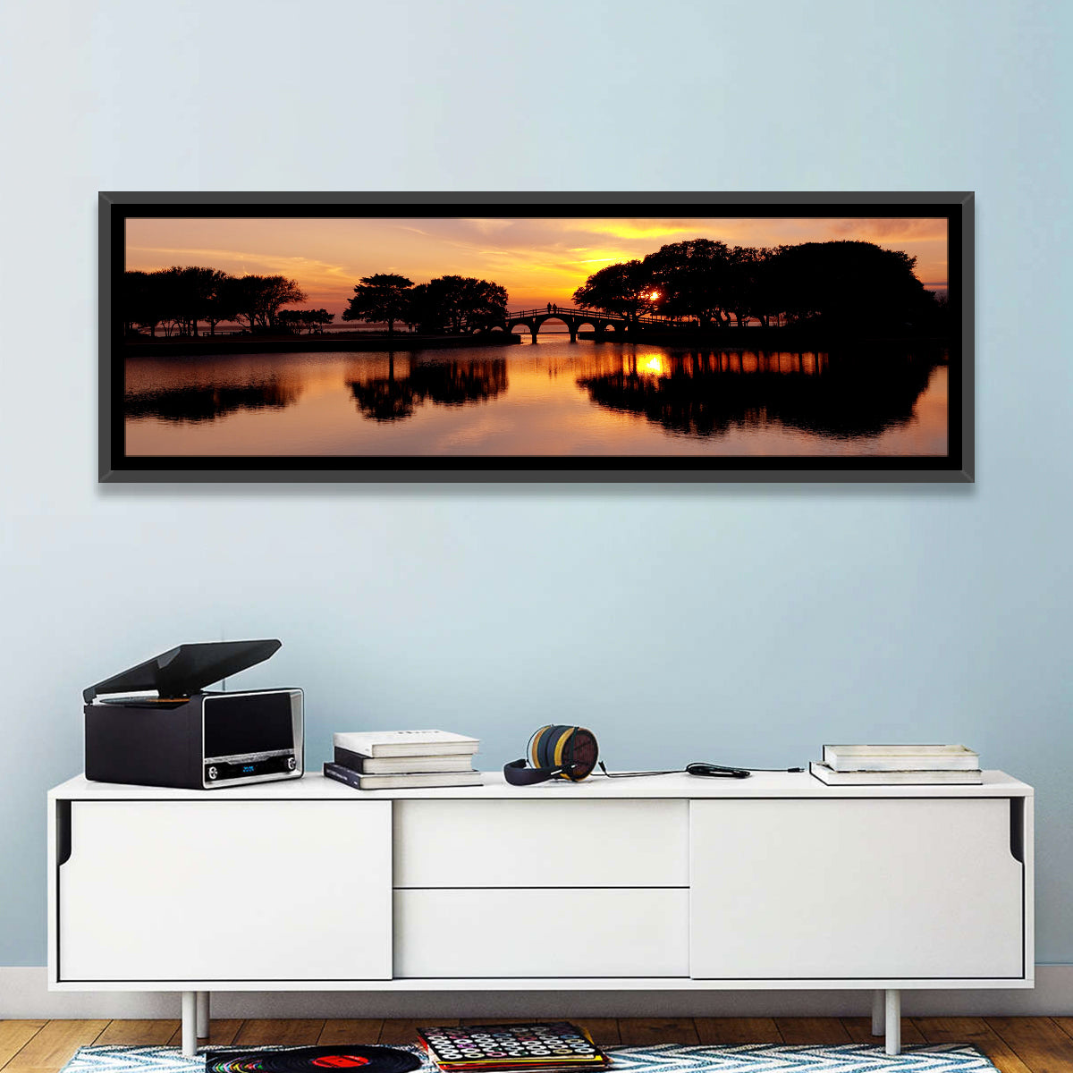 Tranquility Bridge at Sunset Wall Art in a room, panoramic