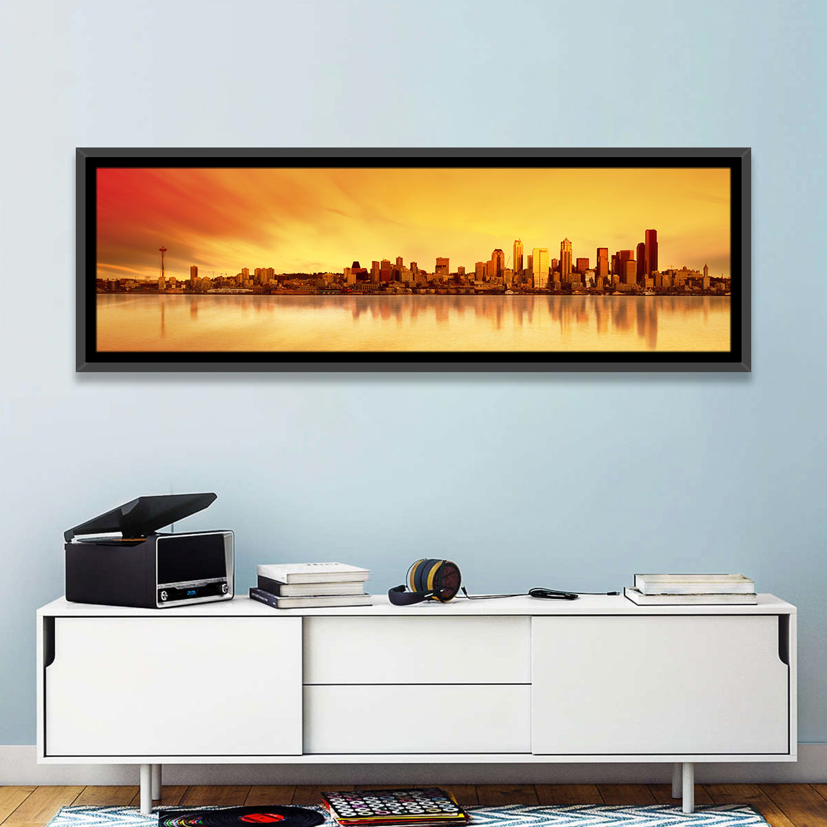 Seattle Skyline in Golden Hour Wall Art in a room, panoramic