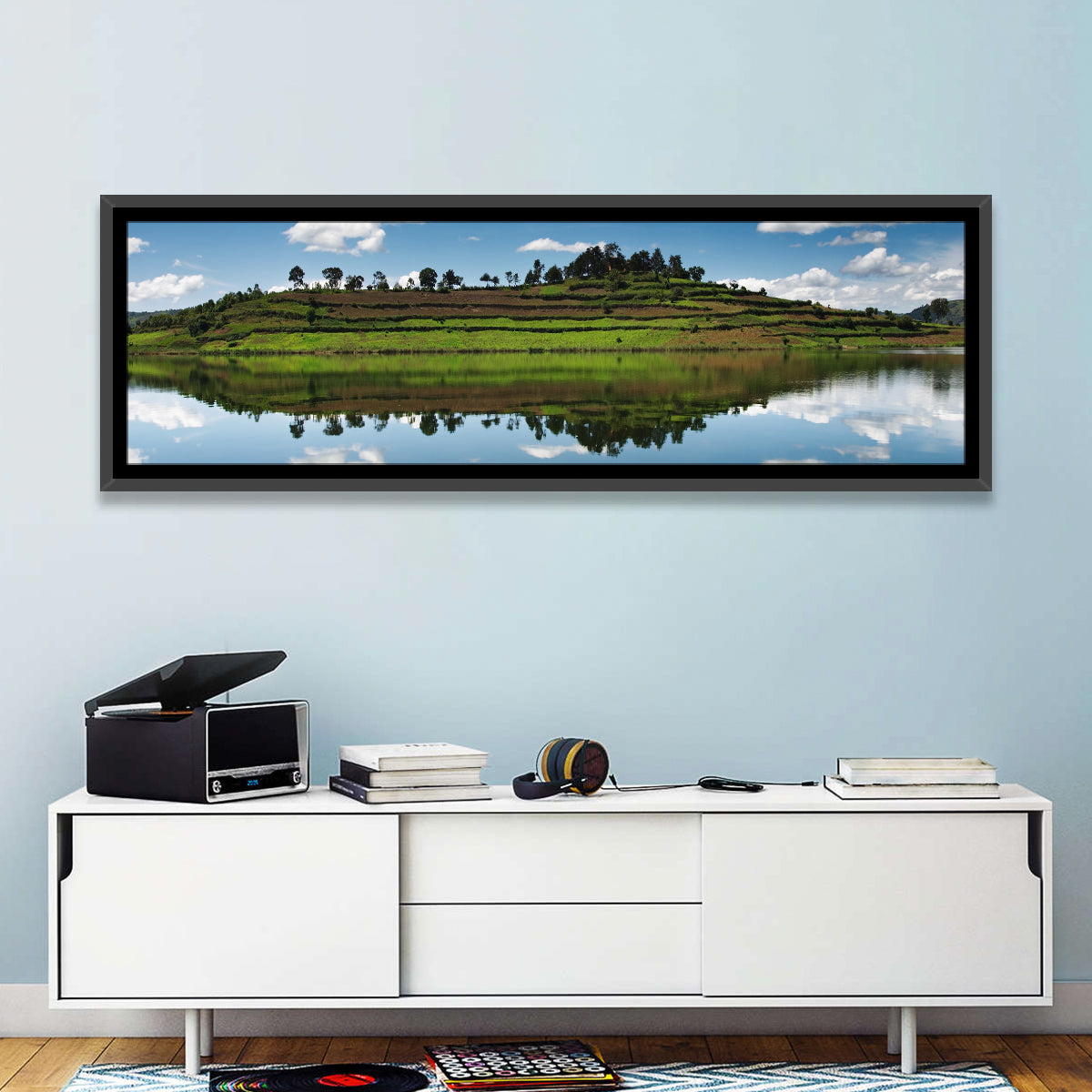 Bunyonyi Lake Reflection Wall Art in a room, panoramic