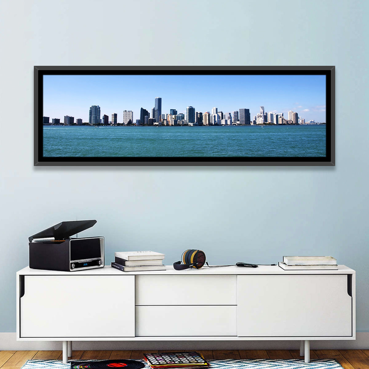 Miami Skyline Over Calm Blue Water Wall Art in a room, panoramic