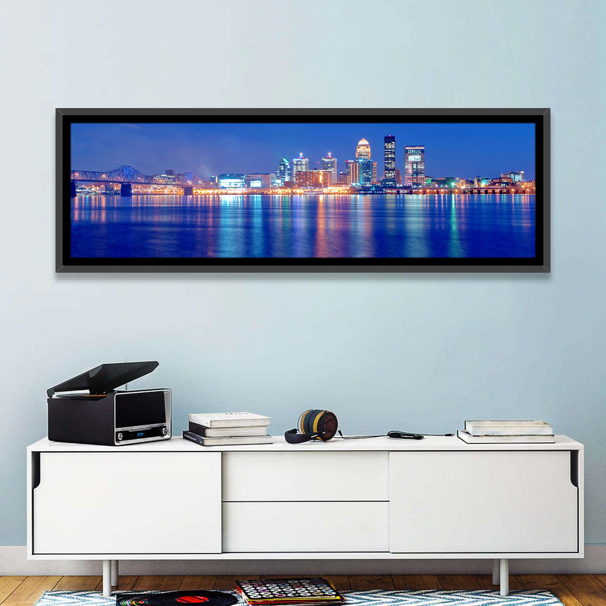 Louisville Skyline at Dusk Wall Art in a room, panoramic