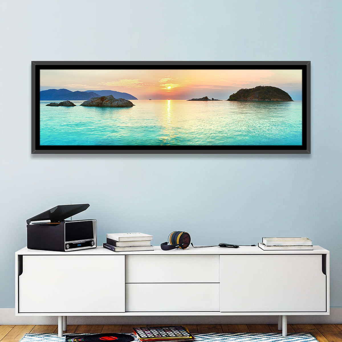 Con Dao Sunrise Over Turquoise Sea Wall Art in a room, panoramic