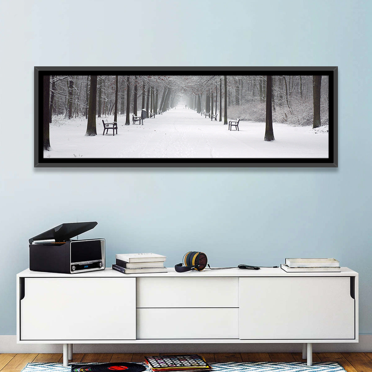 Snow Covered Park Lane Wall Art in a room, panoramic