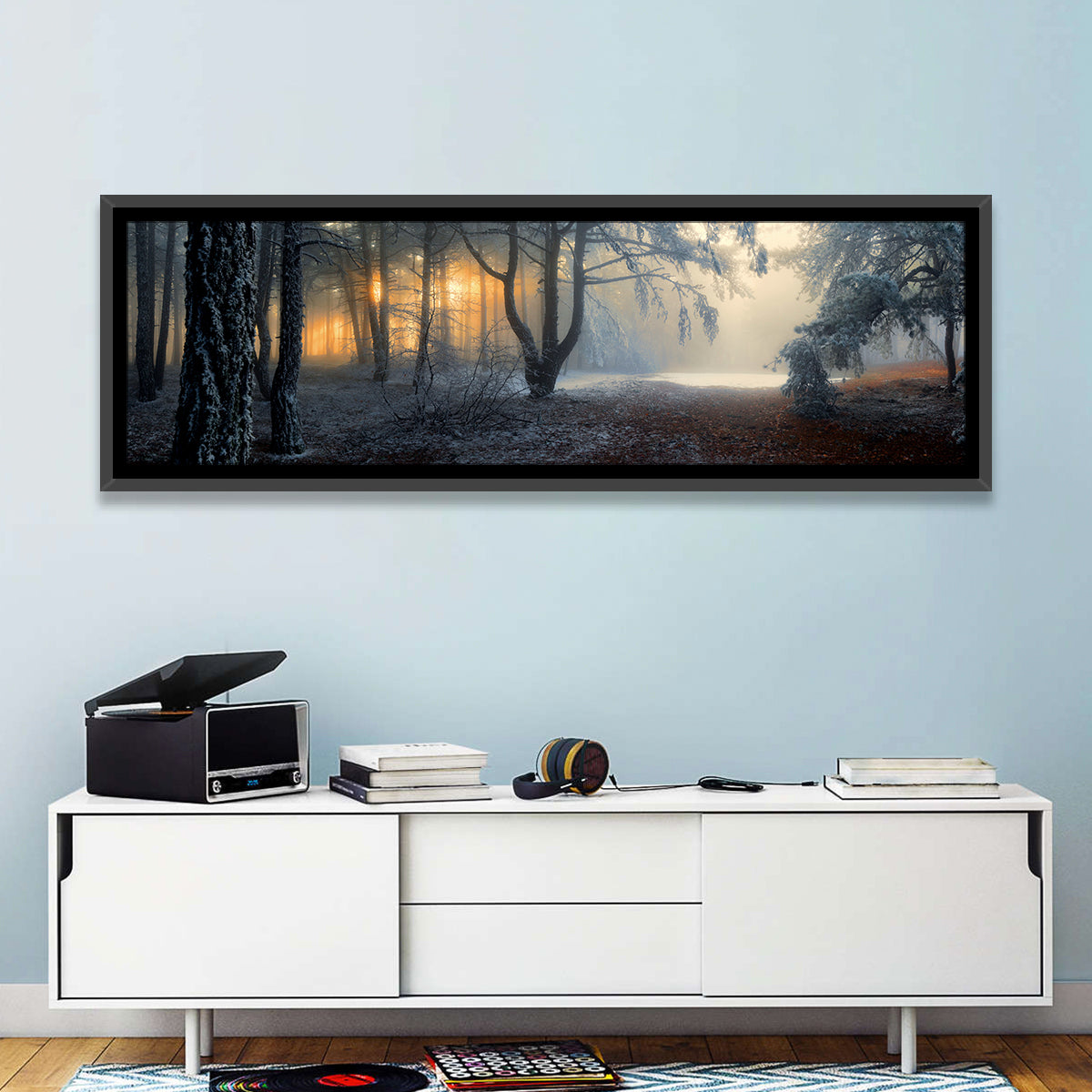 Frosted Forest Morning Light Wall Art in a room, panoramic