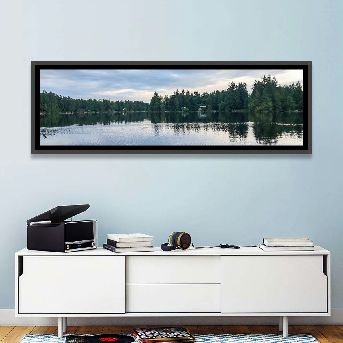 Beaver Lake Park Sunrise Reflection Wall Art in a room, panoramic