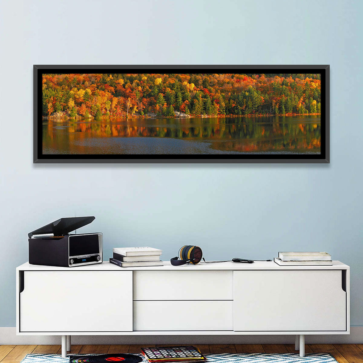 George Lake Morning Reflection Wall Art in a room, panoramic