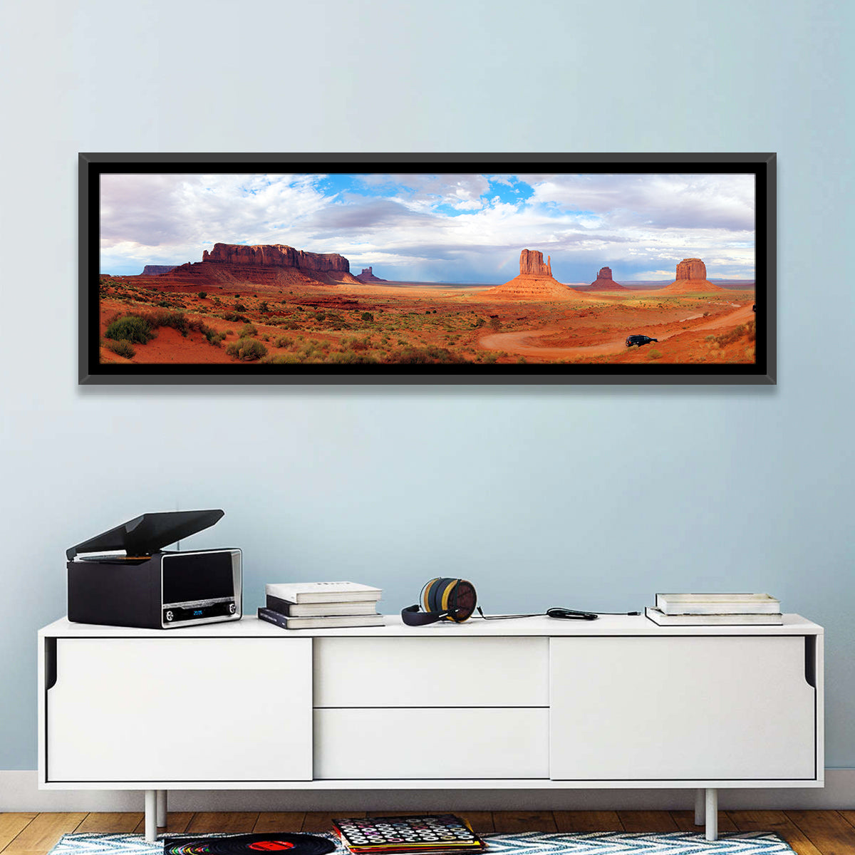 Mitten Buttes at Monument Valley Wall Art in a room, panoramic