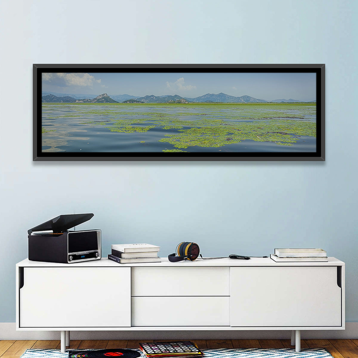Lake Skadar Water Lilies Wall Art in a room, panoramic