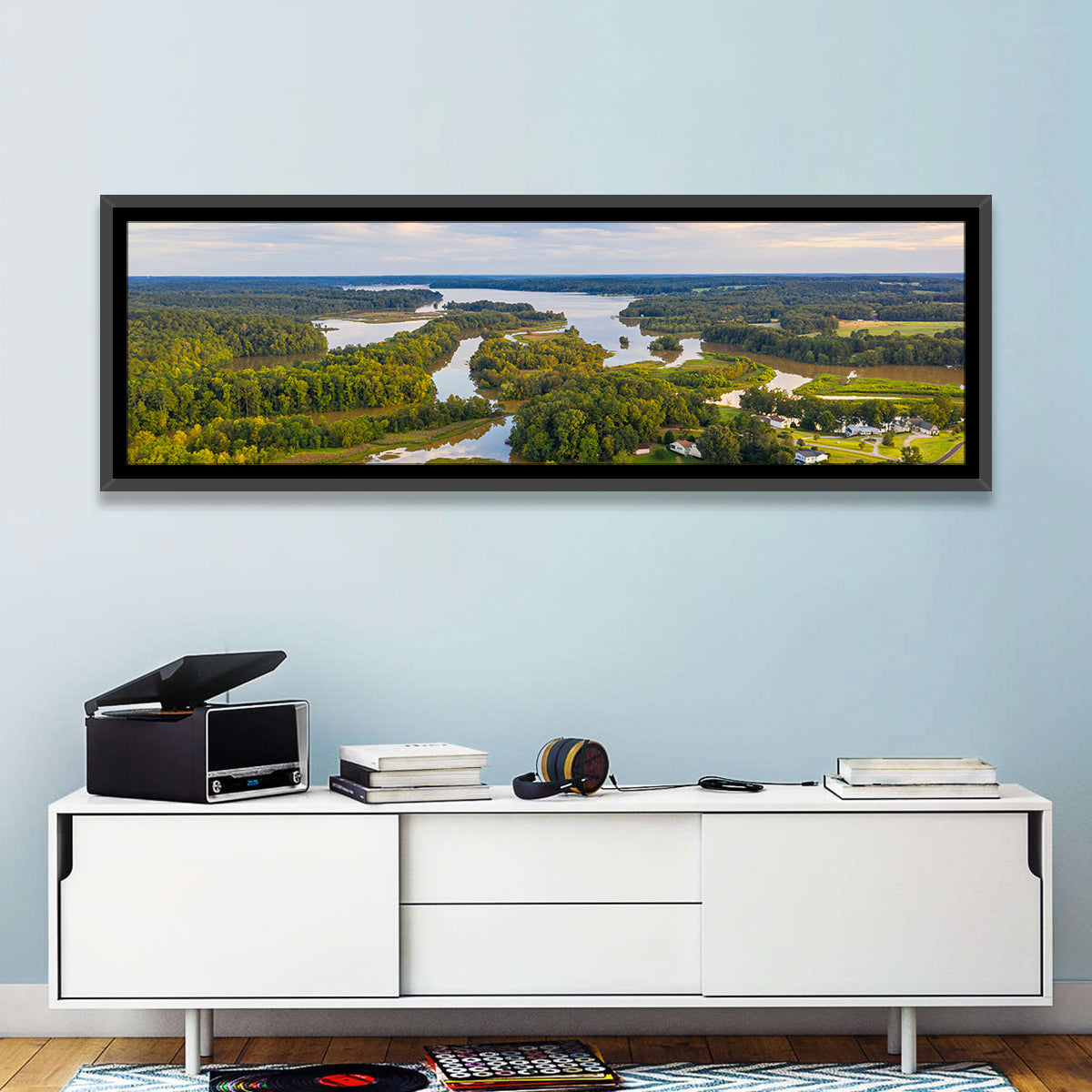 Lake Oconee Aerial Landscape Wall Art in a room, panoramic
