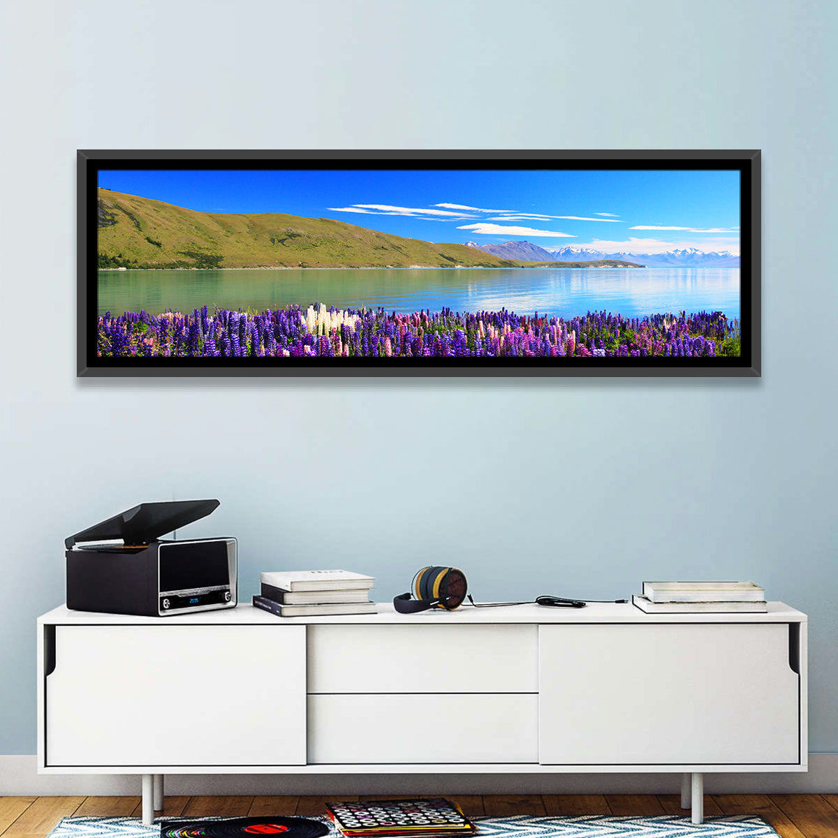Lake Tekapo Lupine Fields Wall Art in a room, panoramic