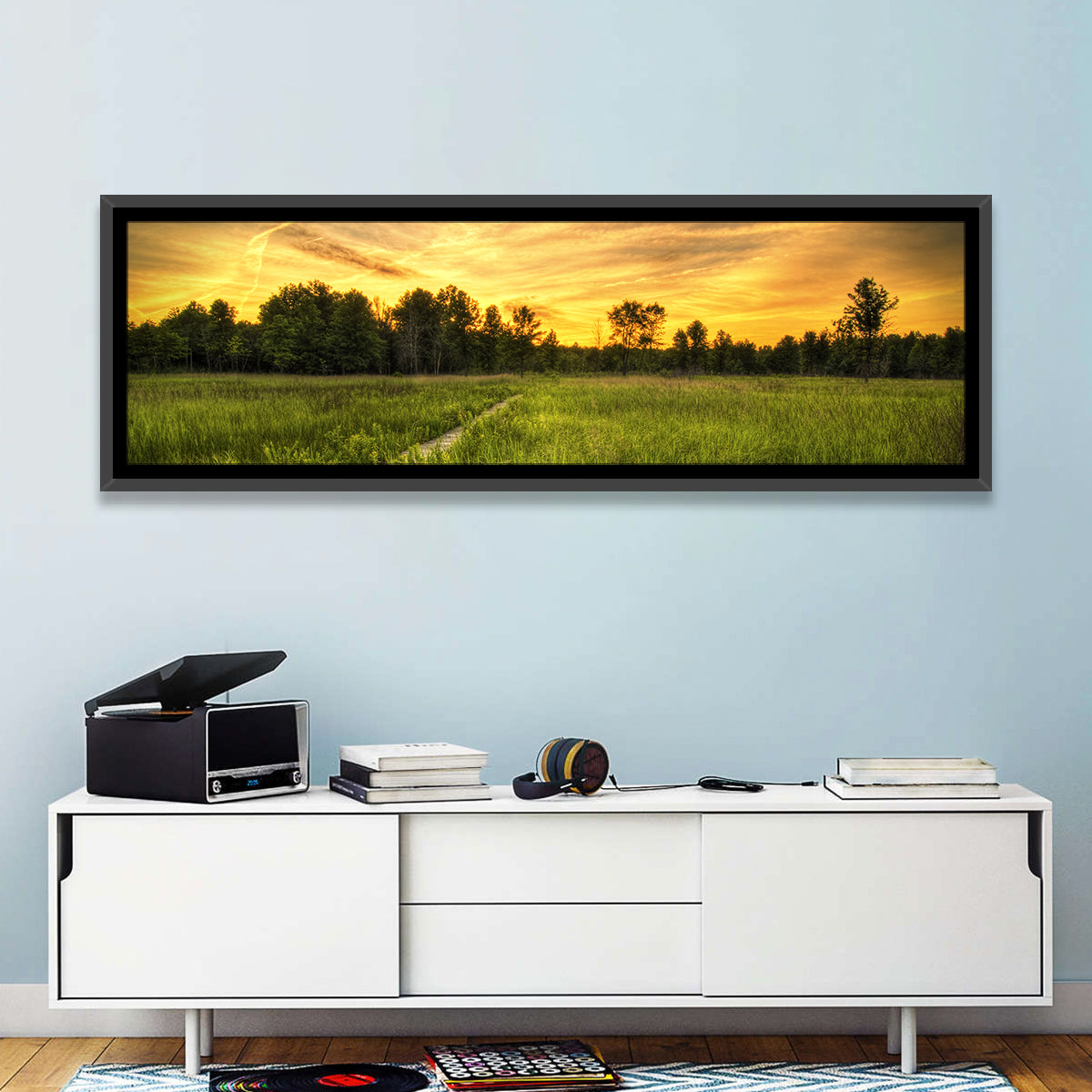 Irwin Prairie Boardwalk Sunset Wall Art in a room, panoramic