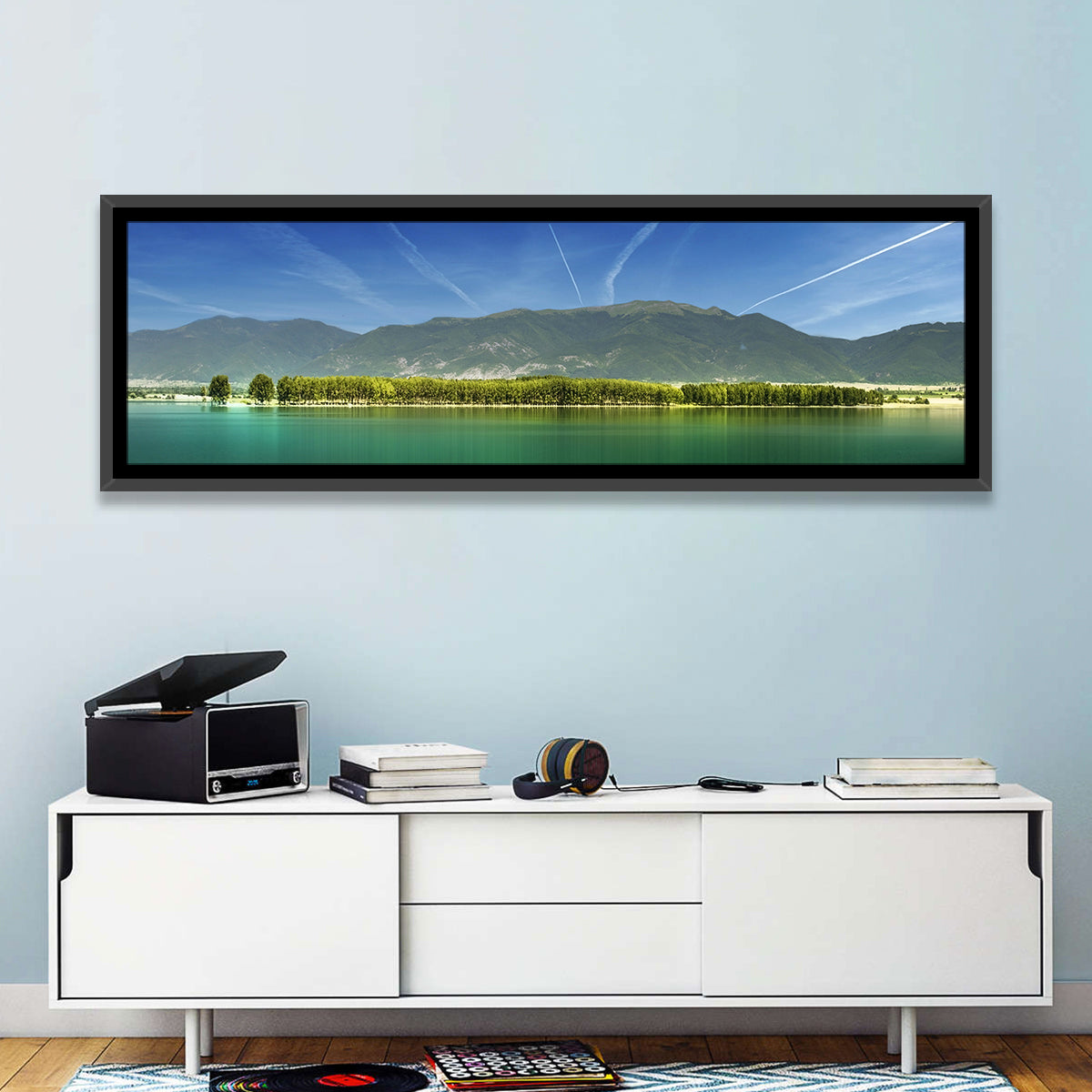 Koprinka Dam Reflections Wall Art in a room, panoramic