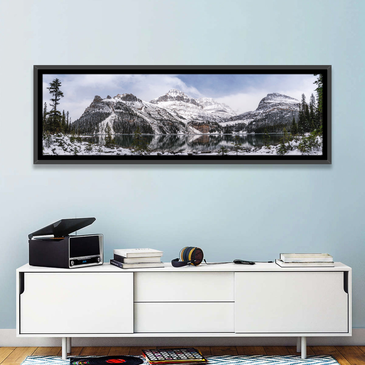Lake O Hara Winter Reflection Wall Art in a room, panoramic