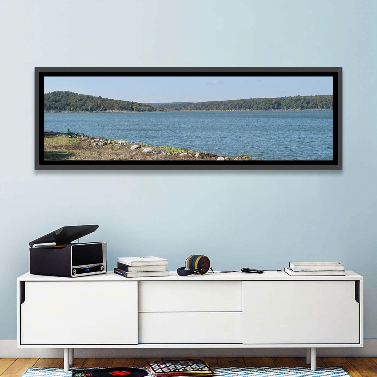 Tenkiller Lake Shoreline Wall Art in a room, panoramic