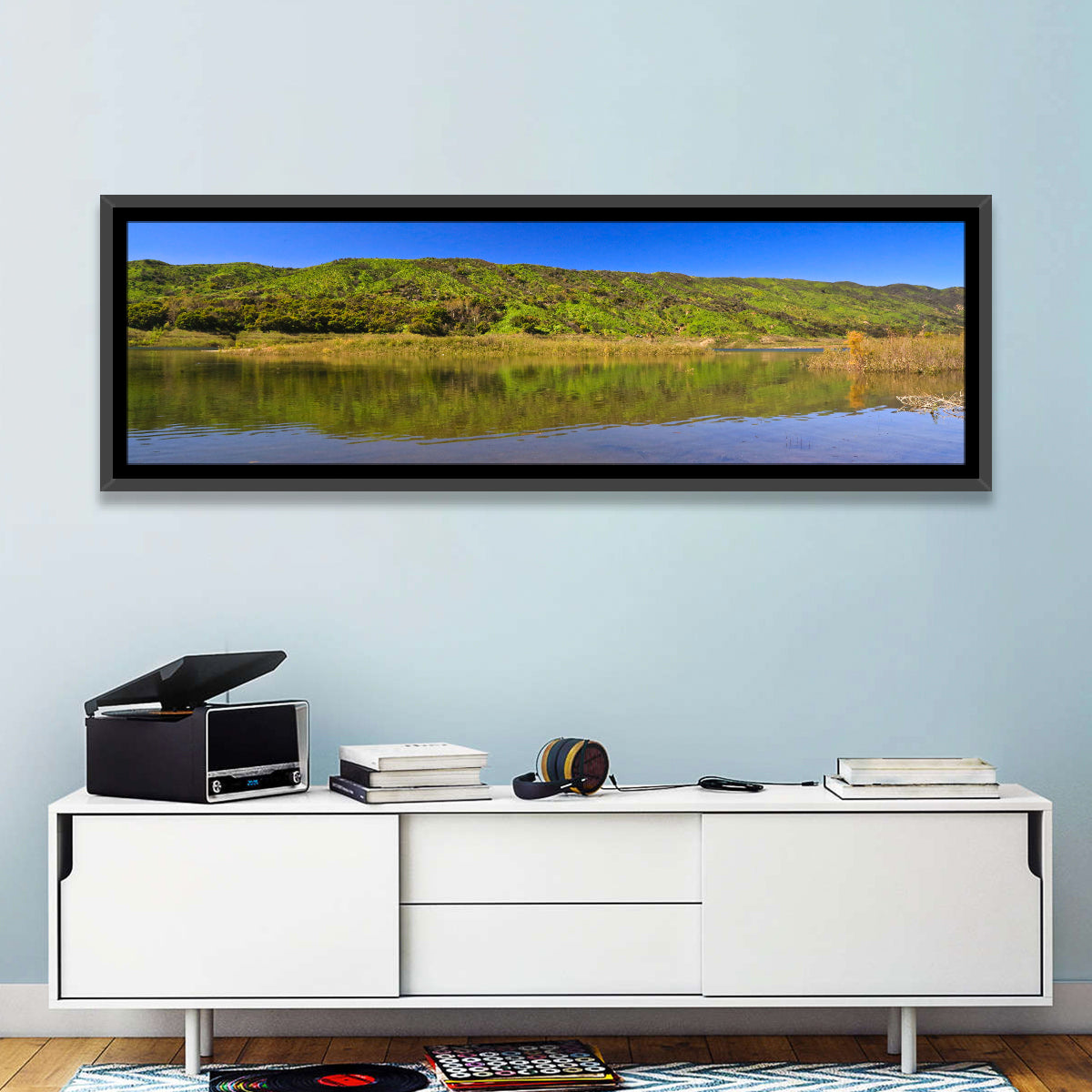Santa Barbara Lake Reflection Wall Art in a room, panoramic