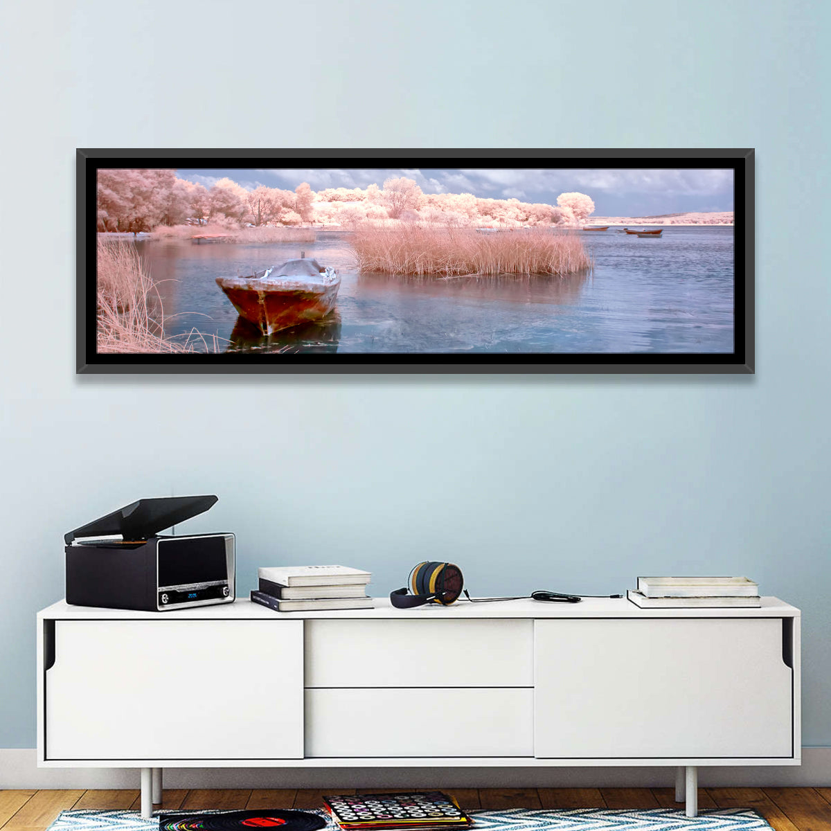 Golyazi Lake Boat Wall Art in a room, panoramic