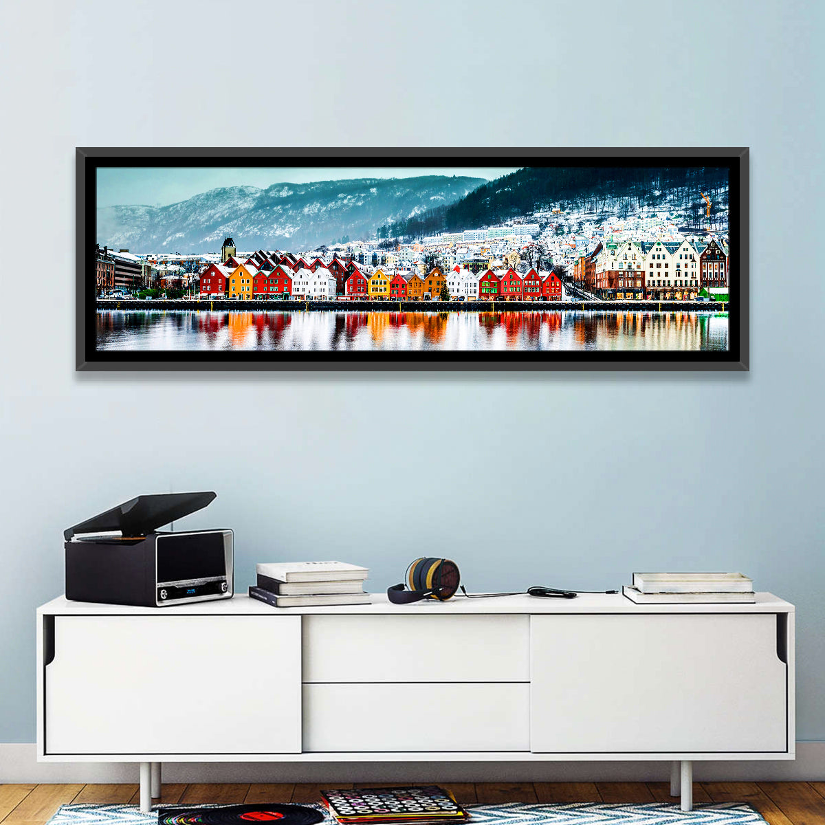 Bryggen Waterfront, Bergen Wall Art in a room, panoramic