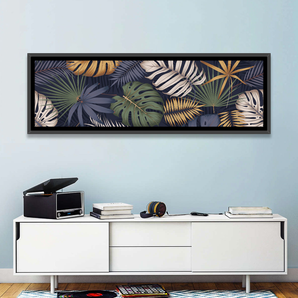 Layered Tropical Leaves Pattern Wall Art in a room, panoramic