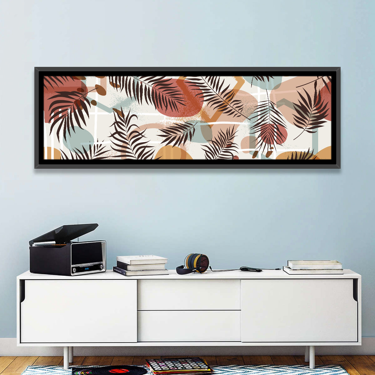 Geometric Tropical Leaves Wall Art in a room, panoramic